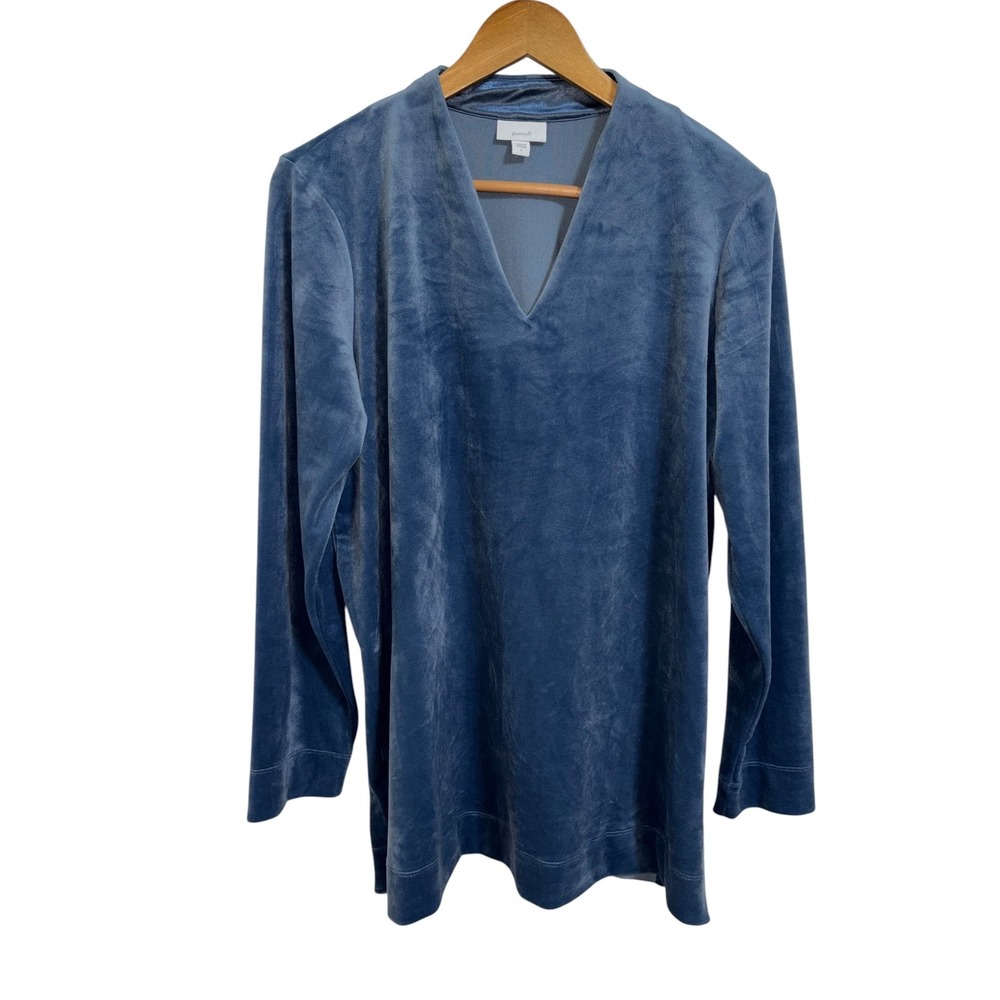 Pure Jill Blue Velour V-Neck Long Sleeve Tunic Top Quiet Luxury Boho Size Large - Picture 2 of 10